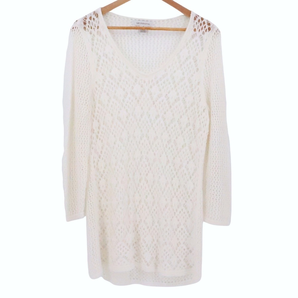 Liz Claiborne Open Knit Tunic Sweater Swim Cover Women Crochet Beach Boho Size M